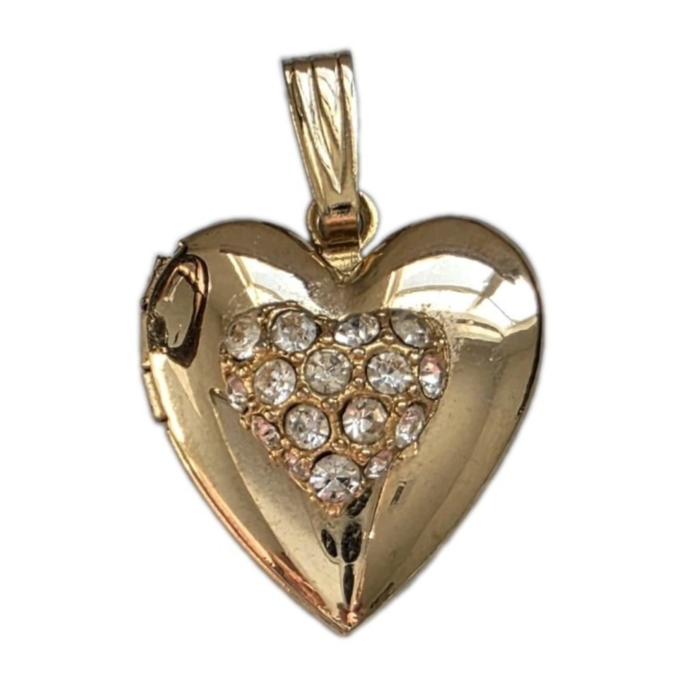 Vintage Gold Tone Heart Locket Pendant Clear Rhinestone Photo Necklace Charm